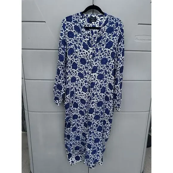Natalie Martin Indigo Floral Hand-Dyed 100% Silk Kaftan Dress Sz L Double Slit - Picture 3 of 11